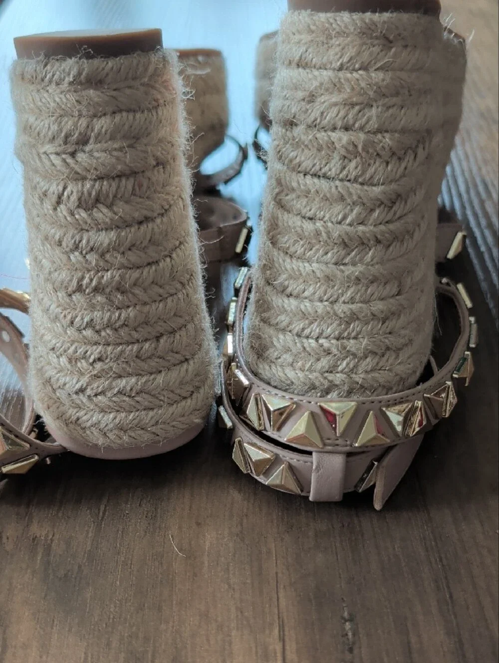 Steve Madden Beige Espadrille Wedge Sandals with Gold Studs